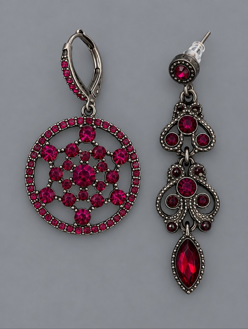 Vintage Mismatched Gunmetal Ruby Red Crystal Drop Earrings